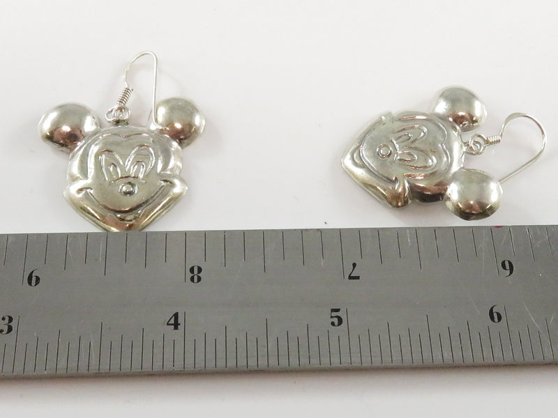 Mickey Mouse Head Repousse Sterling Silver 1" Drop Fishhook Earrings