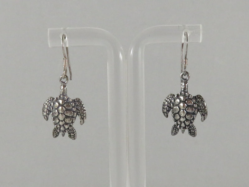 Sterling Turtle Form Dangle Earrings Fishhook 1 1/4" drop