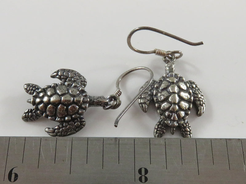Sterling Turtle Form Dangle Earrings Fishhook 1 1/4" drop