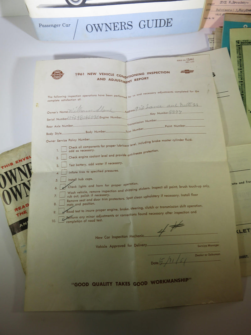 Original 1961 Chevrolet Bel Air Owners Guide With Original Bill of Sale - Just Stuff I Sell