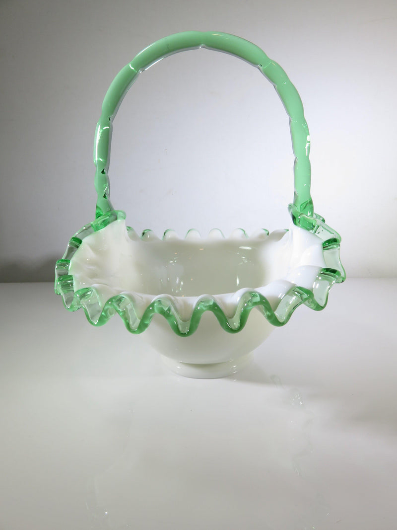 Mid Century Fenton Emerald Crest White Milk Glass Crimped Ruffled Basket - Just Stuff I Sell