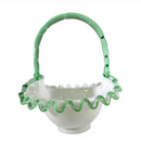 Mid Century Fenton Emerald Crest White Milk Glass Crimped Ruffled Basket - Just Stuff I Sell