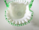 Mid Century Fenton Emerald Crest White Milk Glass Crimped Ruffled Basket - Just Stuff I Sell