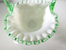 Mid Century Fenton Emerald Crest White Milk Glass Crimped Ruffled Basket - Just Stuff I Sell