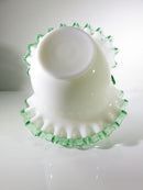 Mid Century Fenton Emerald Crest White Milk Glass Crimped Ruffled Basket - Just Stuff I Sell
