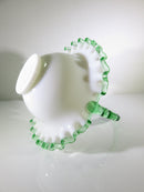 Mid Century Fenton Emerald Crest White Milk Glass Crimped Ruffled Basket - Just Stuff I Sell