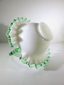 Mid Century Fenton Emerald Crest White Milk Glass Crimped Ruffled Basket - Just Stuff I Sell