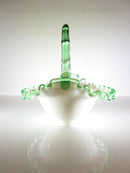 Mid Century Fenton Emerald Crest White Milk Glass Crimped Ruffled Basket - Just Stuff I Sell