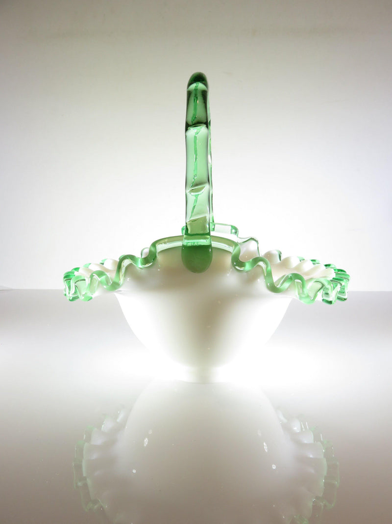 Mid Century Fenton Emerald Crest White Milk Glass Crimped Ruffled Basket - Just Stuff I Sell