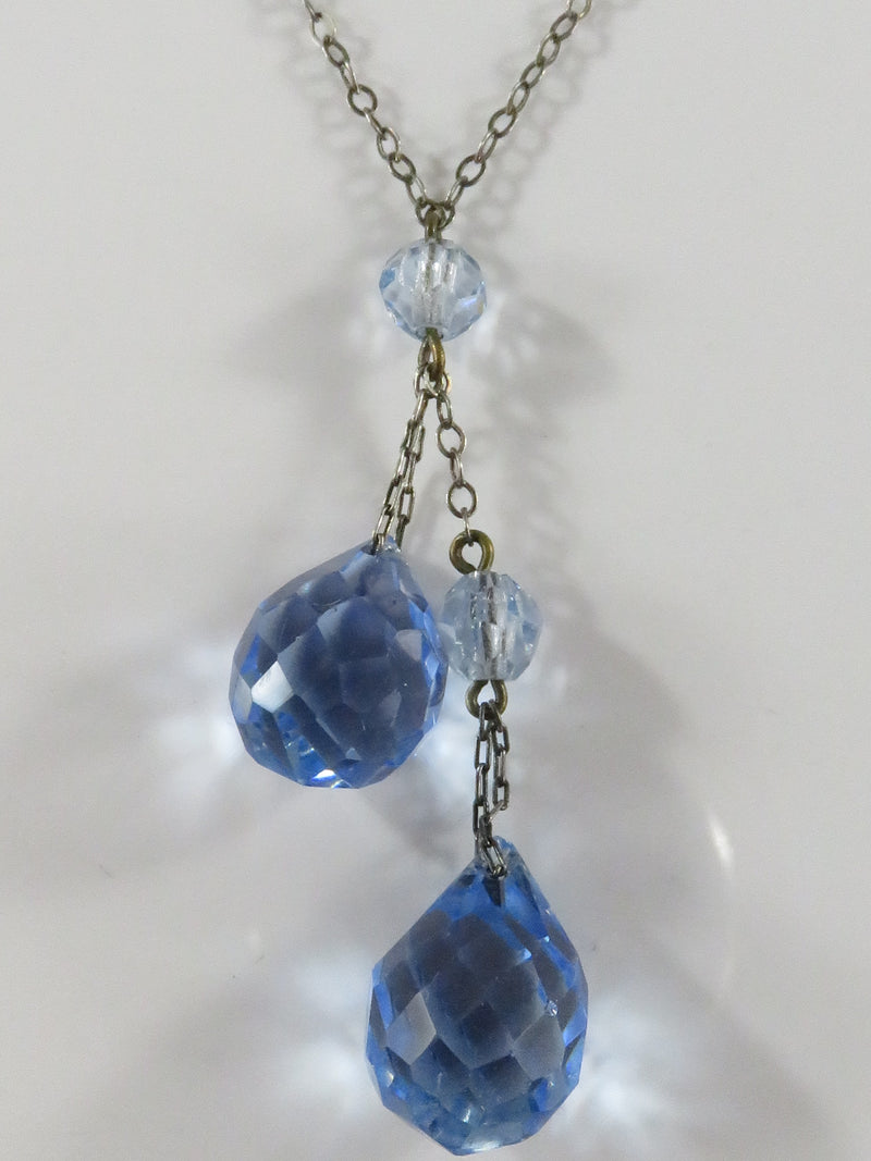 Art Deco Style 15 3/4" Sterling Necklace with 6 Round Faceted Blue Crystals