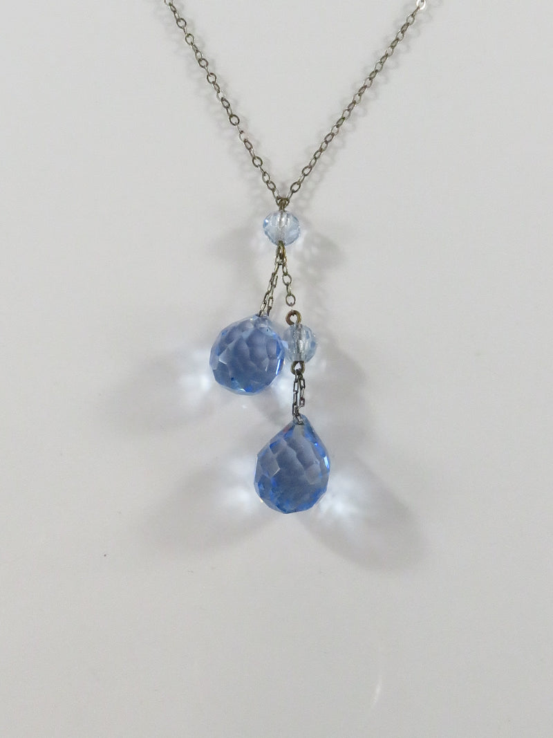 Art Deco Style 15 3/4" Sterling Necklace with 6 Round Faceted Blue Crystals