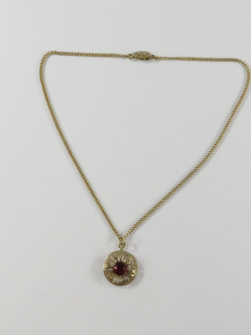 Retro 13" Gilded Necklace with Round Pendant and Red Glass Stone