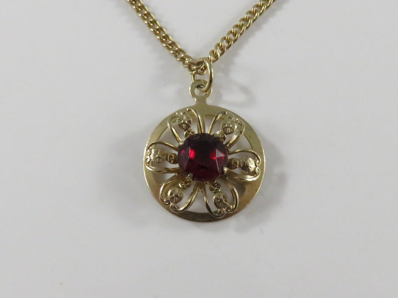 Retro 13" Gilded Necklace with Round Pendant and Red Glass Stone