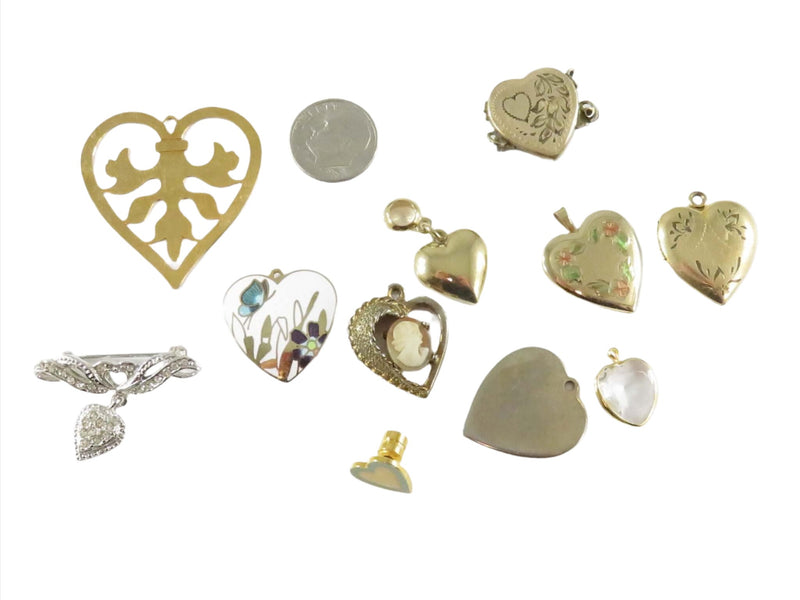 Grouping of Heart Shaped Jewelry Pieces for Wear and Repurpose Lockets Pendants