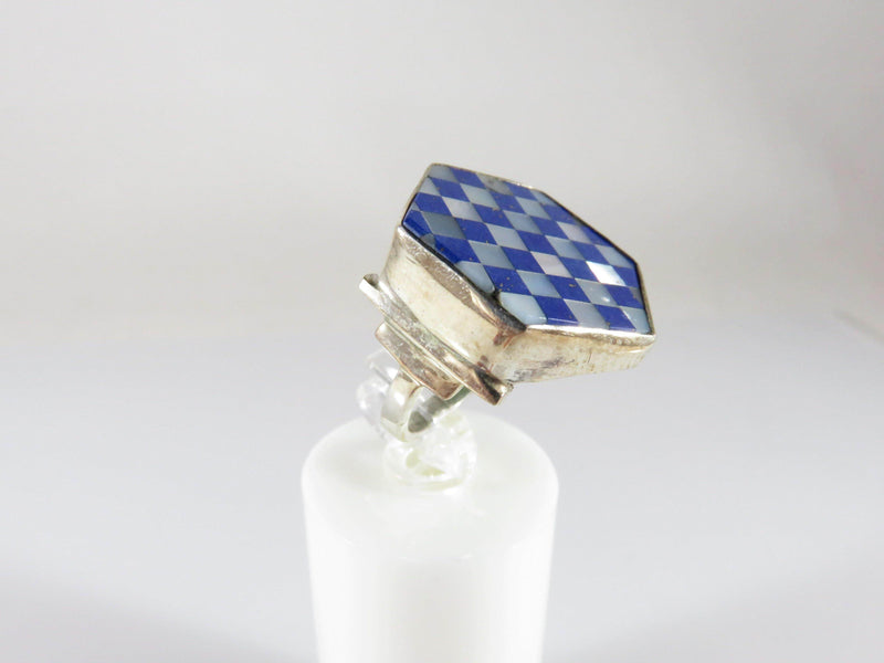 Artisan Mother of Pearl Lapis Lazuli Inlaid Octagon Checkerboard 925 Ring - Just Stuff I Sell