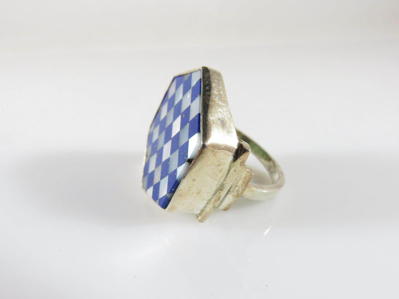 Artisan Mother of Pearl Lapis Lazuli Inlaid Octagon Checkerboard 925 Ring - Just Stuff I Sell