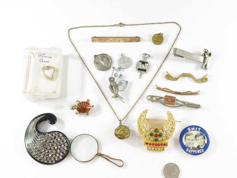 Eclectic Mix of Antique and Vintage Items to include Jewelry, Tie Bars and Religious