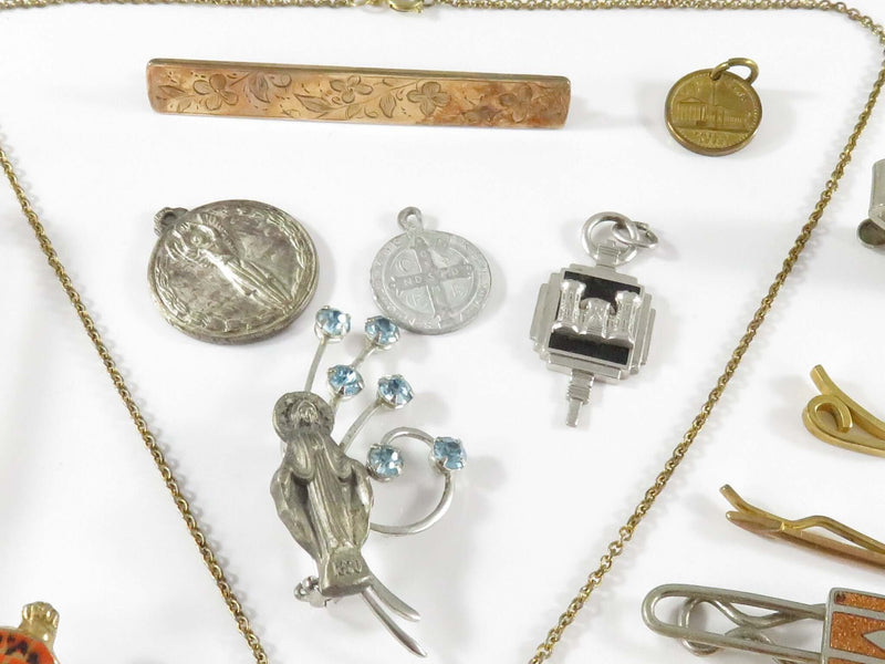 Eclectic Mix of Antique and Vintage Items to include Jewelry, Tie Bars and Religious