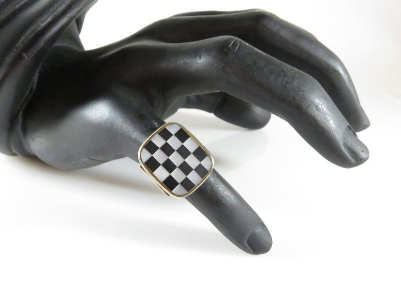 Vintage Inlaid Onyx Mother of Pearl Checkerboard Sterling Ring Size 6 - Just Stuff I Sell