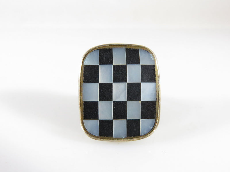 Vintage Inlaid Onyx Mother of Pearl Checkerboard Sterling Ring Size 6 - Just Stuff I Sell