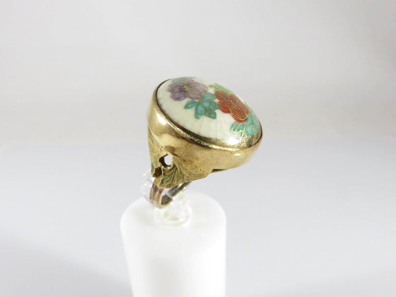 Antique Style Japanese Satsuma Water Lily Button Ring Gilt Sterling Silver Sz 8 - Just Stuff I Sell