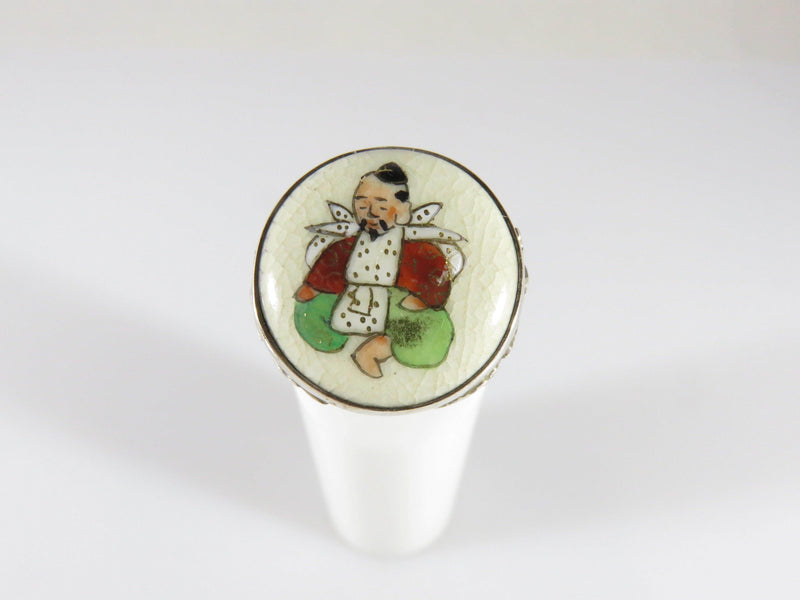 Japanese Satsuma Deity God of Fortune Hand Painted Button Ring Sterling - Just Stuff I Sell