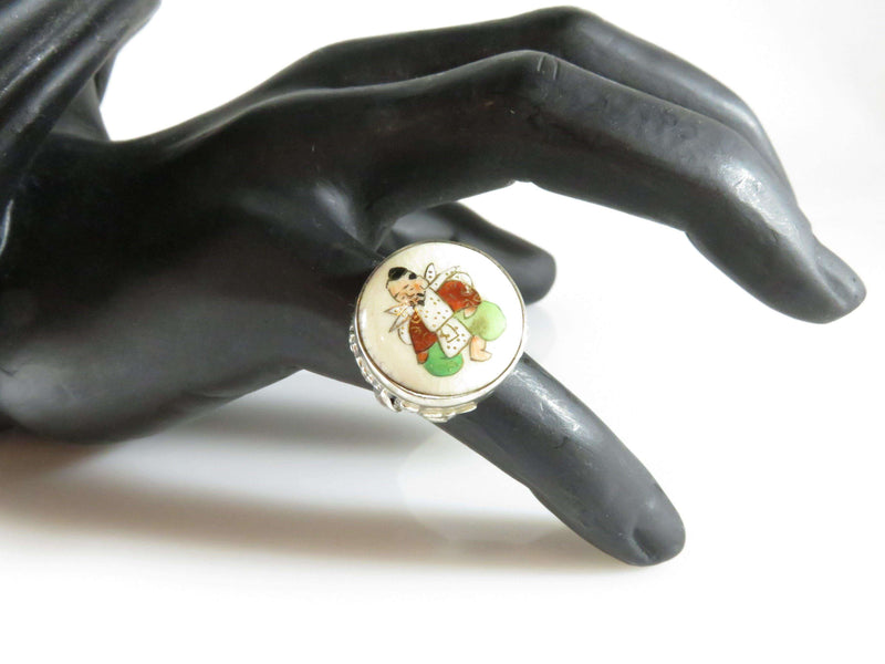 Japanese Satsuma Deity God of Fortune Hand Painted Button Ring Sterling - Just Stuff I Sell