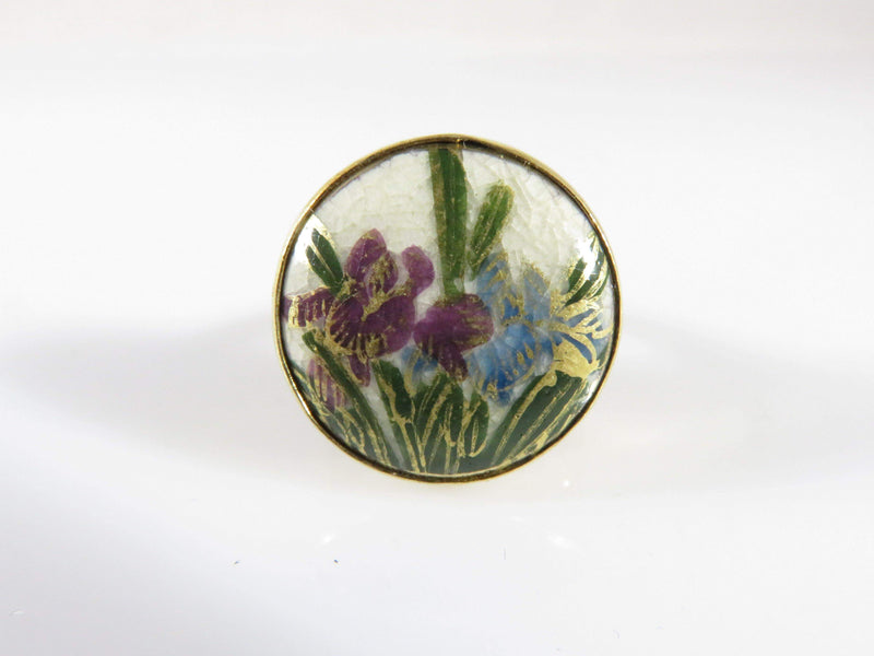 Antique Style Japanese Satsuma Iris Flower Ring Gilt Sterling Size 6.5 - Just Stuff I Sell