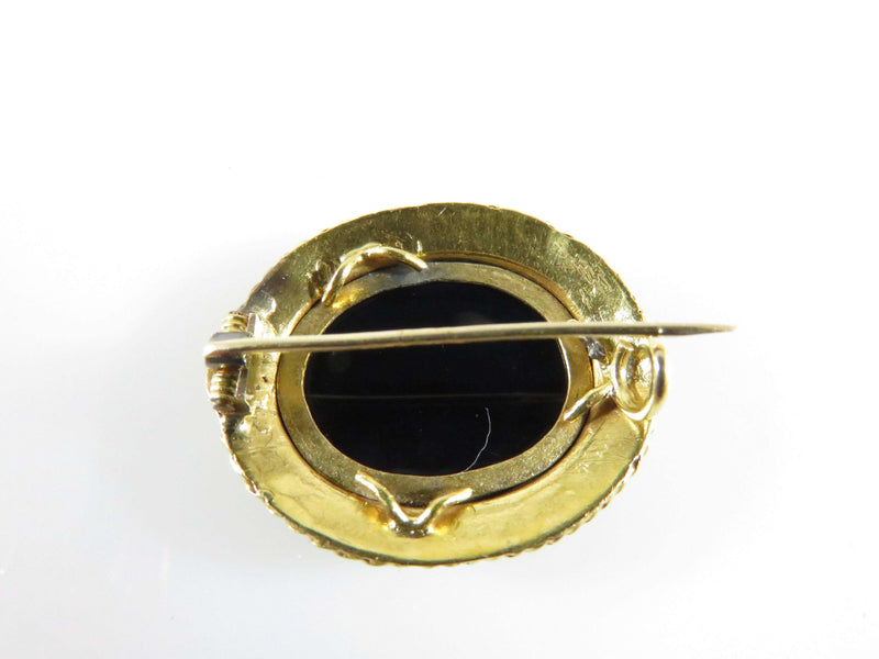 Antique 18K Yellow Gold Bezel Set Oval Onyx Pin C Clasp 21.33mm x 18.02mm - Just Stuff I Sell