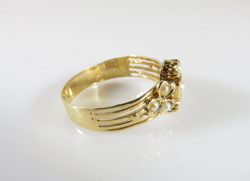 Early Victorian 18K Gold 3 Leaf Clover Pearl Wedding Anniversary Ring Size 8 - Just Stuff I Sell