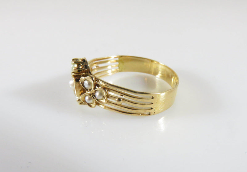 Early Victorian 18K Gold 3 Leaf Clover Pearl Wedding Anniversary Ring Size 8 - Just Stuff I Sell
