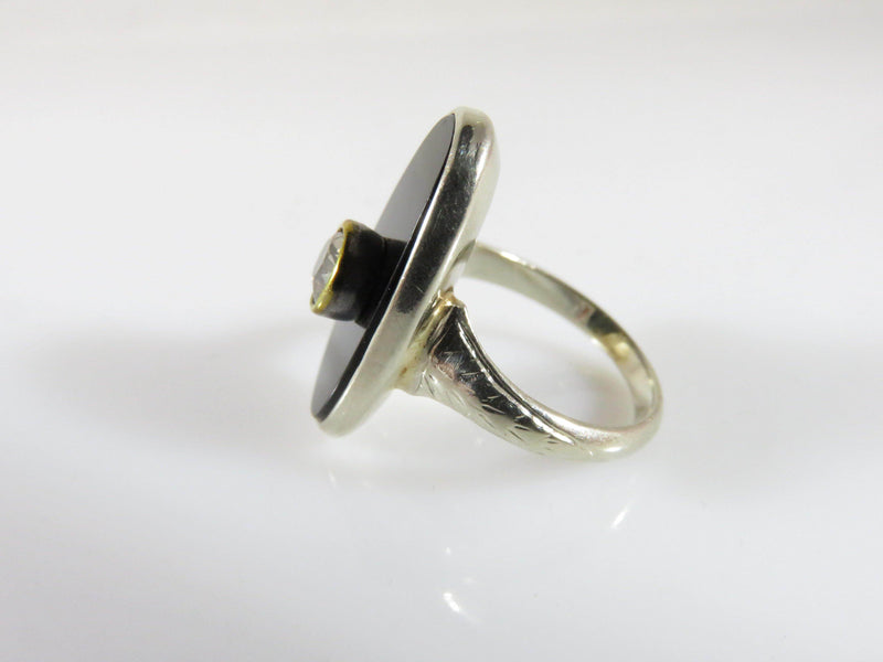 Early Art Deco 14K White Gold Ring Oval Onyx .40 Carat Diamond Ring Size 4 - Just Stuff I Sell