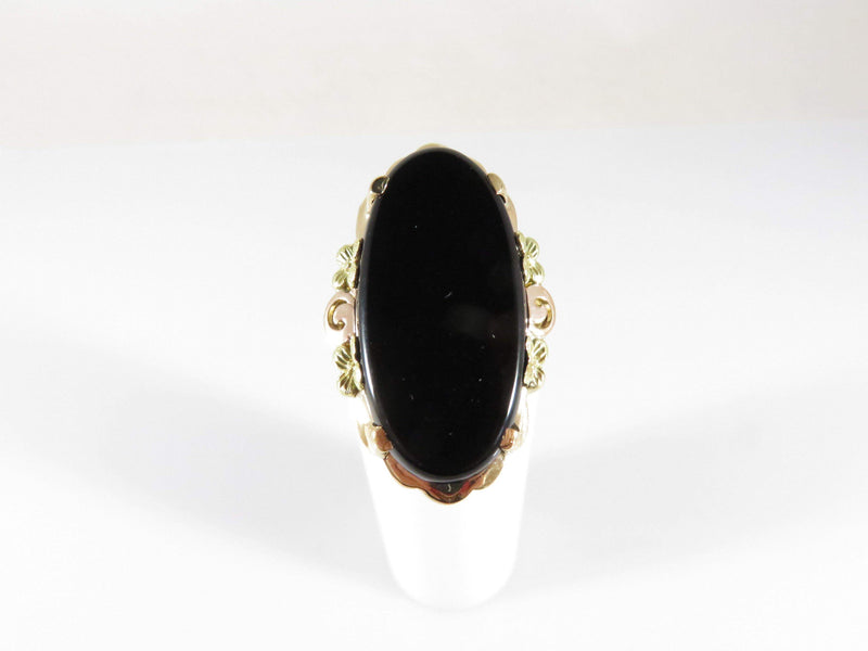 Oval Onyx Rosy Yellow Gold Finger Ring Flower Accented Size 6.5 - Just Stuff I Sell