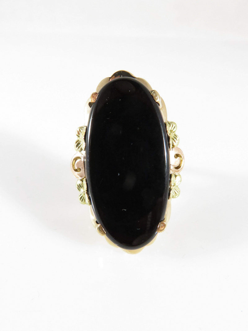 Oval Onyx Rosy Yellow Gold Finger Ring Flower Accented Size 6.5 - Just Stuff I Sell