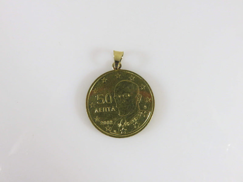 2002 50 Euro Cent Greece Eleftherios Venizelos Gold Plated Coin with 14K Gold Bale Pendant - Just Stuff I Sell