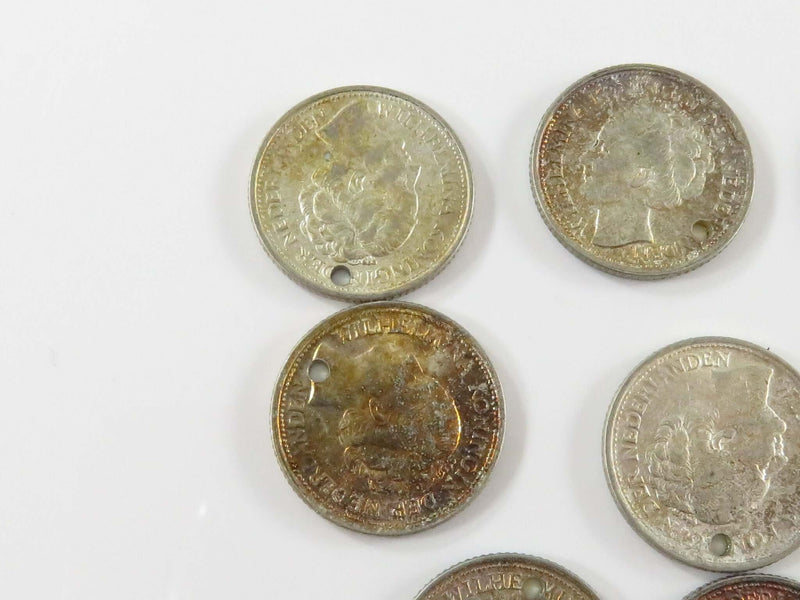 Grouping of 11 WW2 Silver Netherlands Coin Charms 10 Cents & 1 x 25 Cents