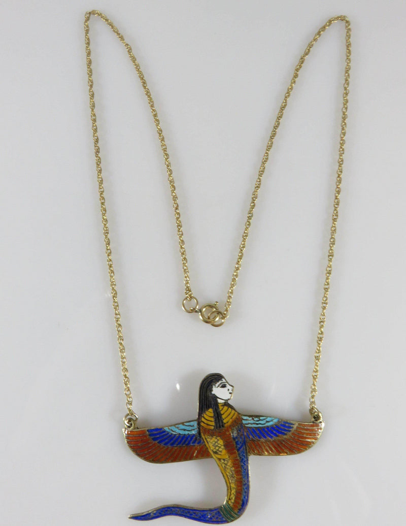 Egyptian Revival Enameled Winged Goddess Isis Necklace 19 3/4" Sterling & Gold Filled - Just Stuff I Sell