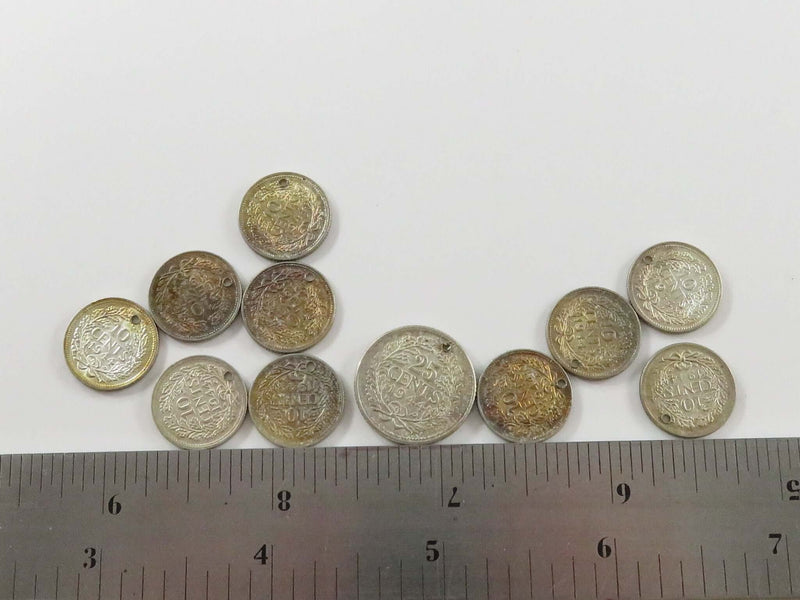 Grouping of 11 WW2 Silver Netherlands Coin Charms 10 Cents & 1 x 25 Cents