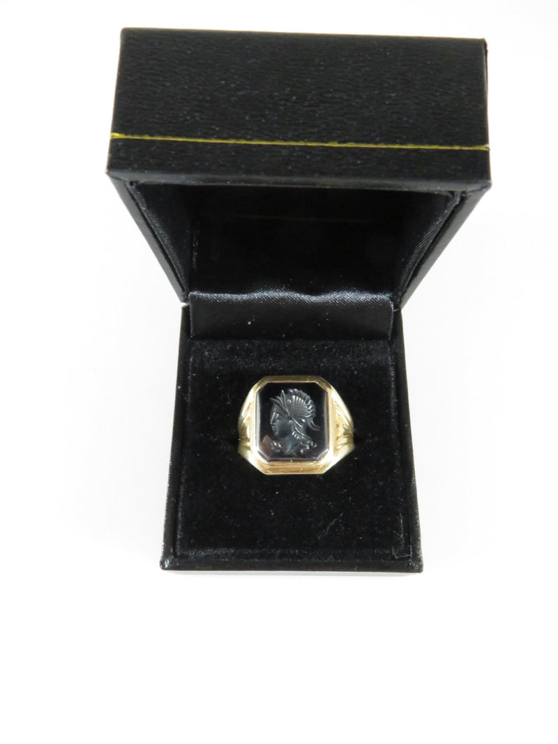 Mid Century Men's 10K Yellow Gold Roman Soldier Intaglio Hematite Pinky Ring - Just Stuff I Sell