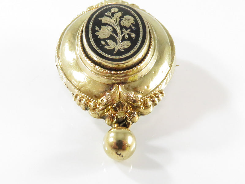 Victorian Gold Filled Floral Taille d'épargne Brooch with Dangle