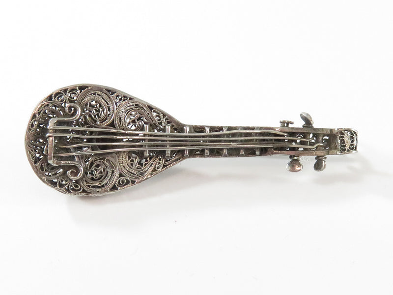 Victorian Sterling Silver Filigree Mandolin Brooch Pin Musical Instrument Brooch