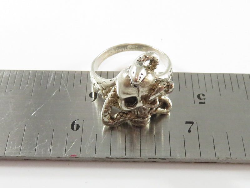 Silver Tone Artisan Signed Biker Skull Ring Size 6.75 Unisex Snake Skull Ring