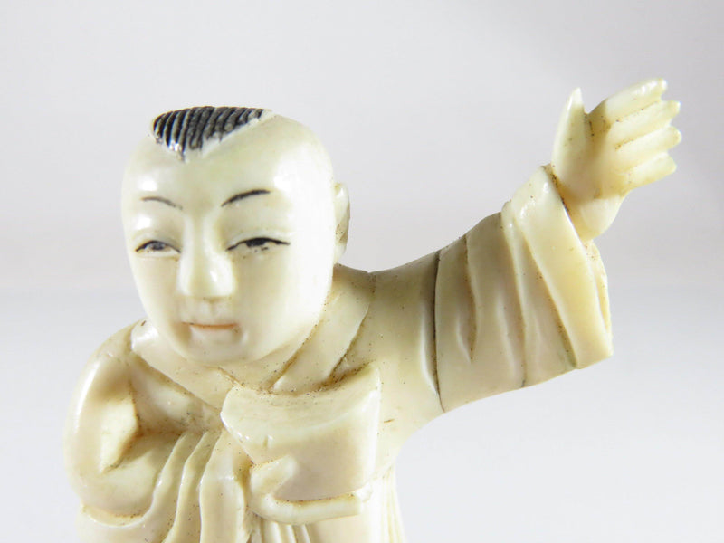 Antique Carved Asian Man Arm Outstretched Okimono Assembled with Wood Base - Just Stuff I Sell
