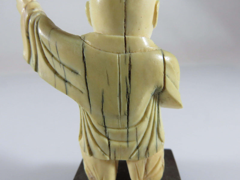 Antique Carved Asian Man Arm Outstretched Okimono Assembled with Wood Base - Just Stuff I Sell
