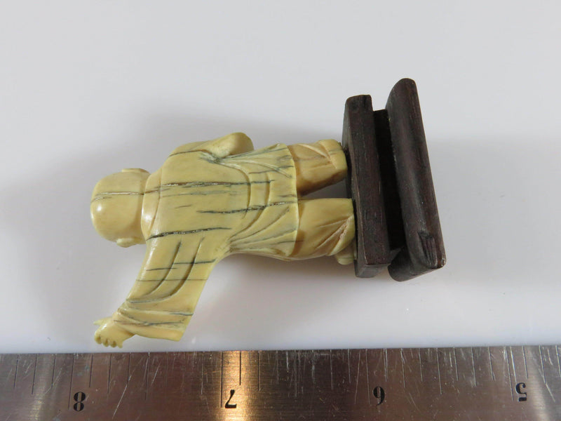 Antique Carved Asian Man Arm Outstretched Okimono Assembled with Wood Base - Just Stuff I Sell