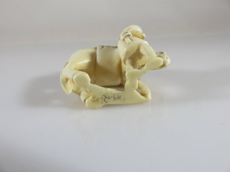 Antique Finely Carved Artisan Signed Japanese Netsuke Man Leading Horse - Just Stuff I Sell