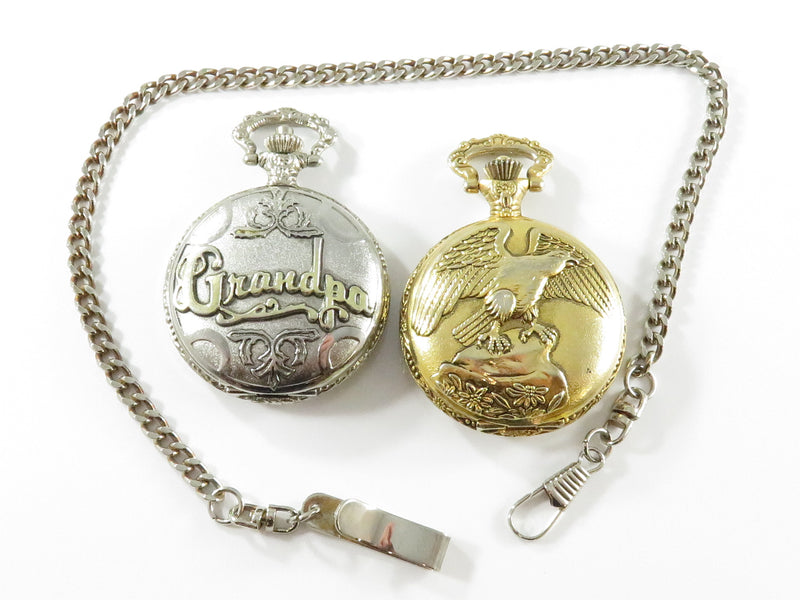 Vintage Pair of Quartz Pocket Watches Watch It & Benrus Eagle & Grandpa on Cover