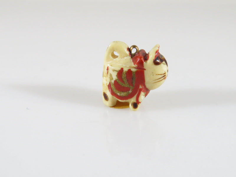 Carved Bone Asian Cat Maneki Neko Charm Pendant Hand Painted Red & Gold 1/2" - Just Stuff I Sell