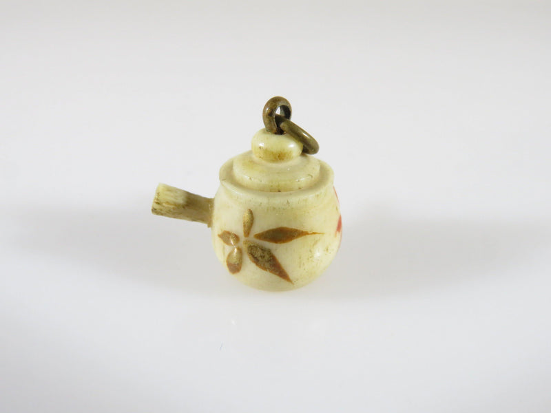 Miniature Asian Teapot Charm Hand Painted Carved Bone Removable Lid Antique - Just Stuff I Sell
