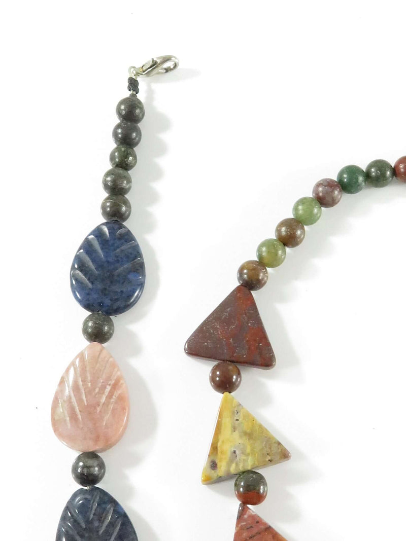 2 Lovely Polished Stone Necklaces Triangles Leaves Round Balls